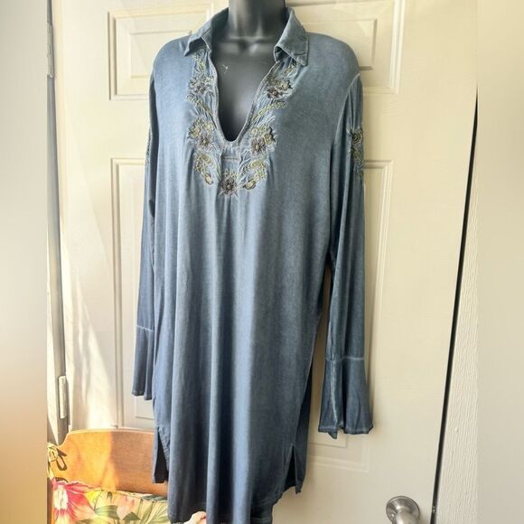 POL Dress Blue Long Sleeve Embroidered Boho Tunic Size Large - Picture 3 of 14